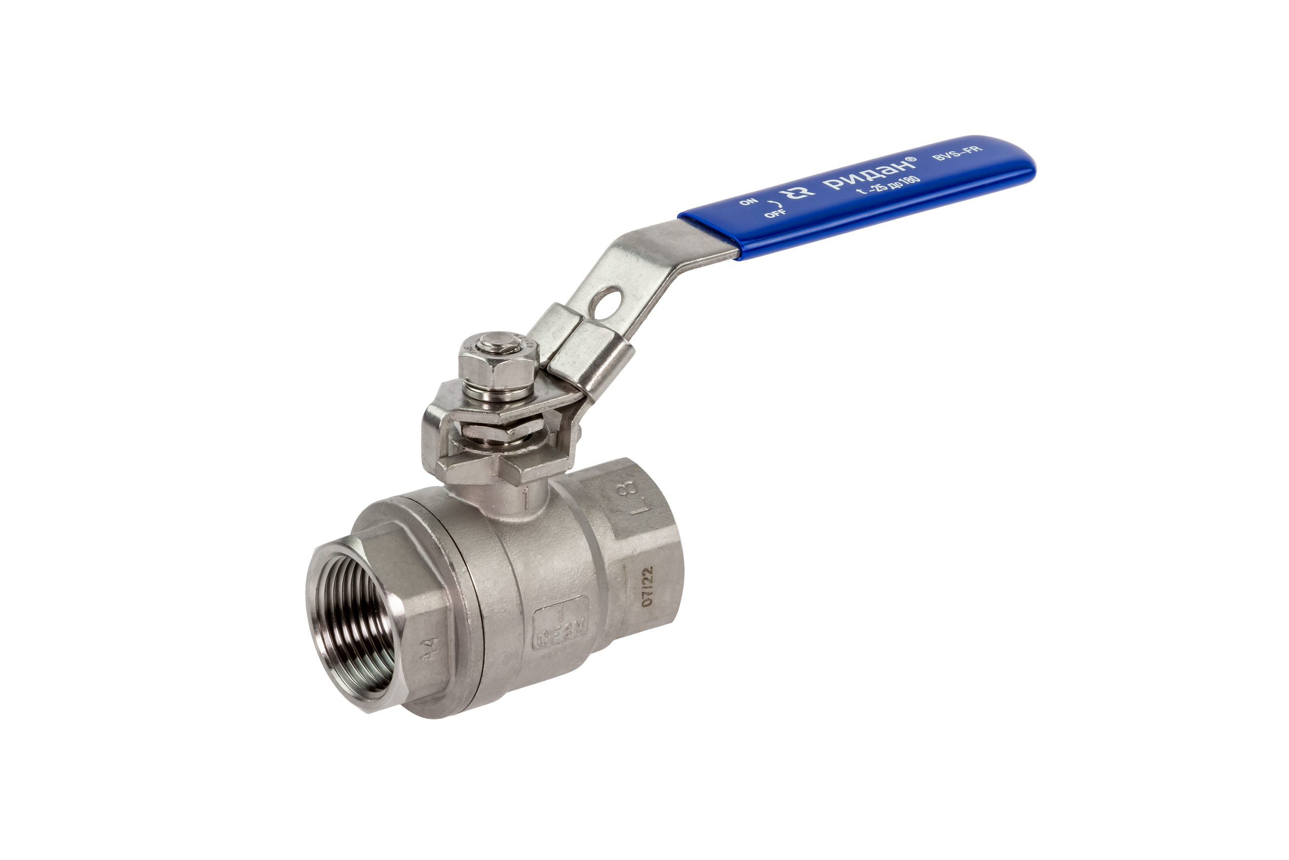 Ридан BVS-FR 082X4613R — Шаровый кран резьбовой DN20 PN63, с рукояткой, корпус — коррозионностойкая сталь, шар — коррозионностойкая сталь AISI316; уплотнение по шару R-PTFE (15% C)