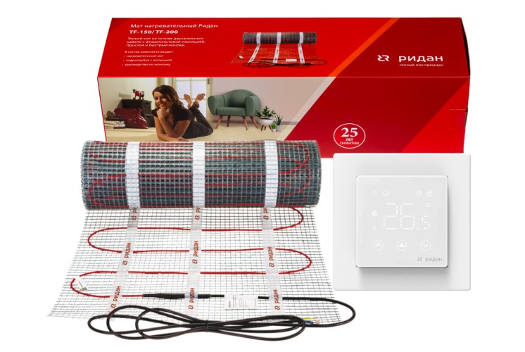 Ridan 21RT1040R — Розничный комплект для теплого пола: нагревательный мат Ridan TF-150 7 м² с терморегулятором Ridan Clever (белый)