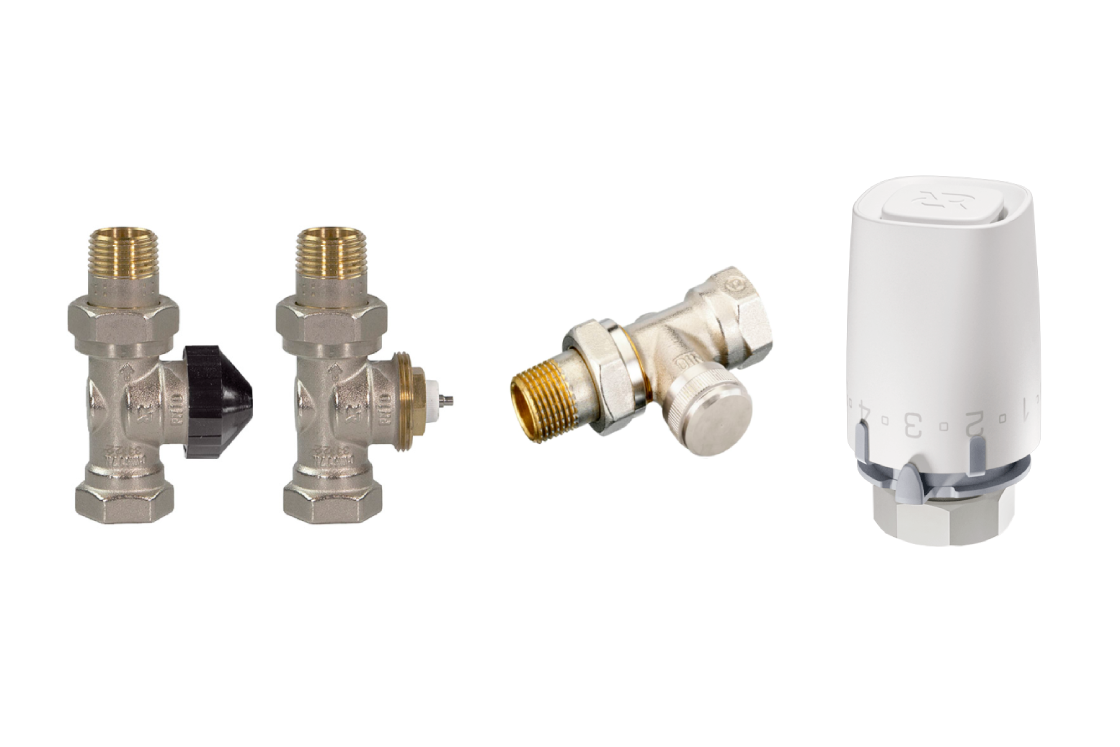 Комплект для двухтрубной системы отопления: клапан терморегулирующий 013G7016R + клапан запорный угловой 003L0146R + термостатический элемент 003G9001R (присоединение М30х1,5)